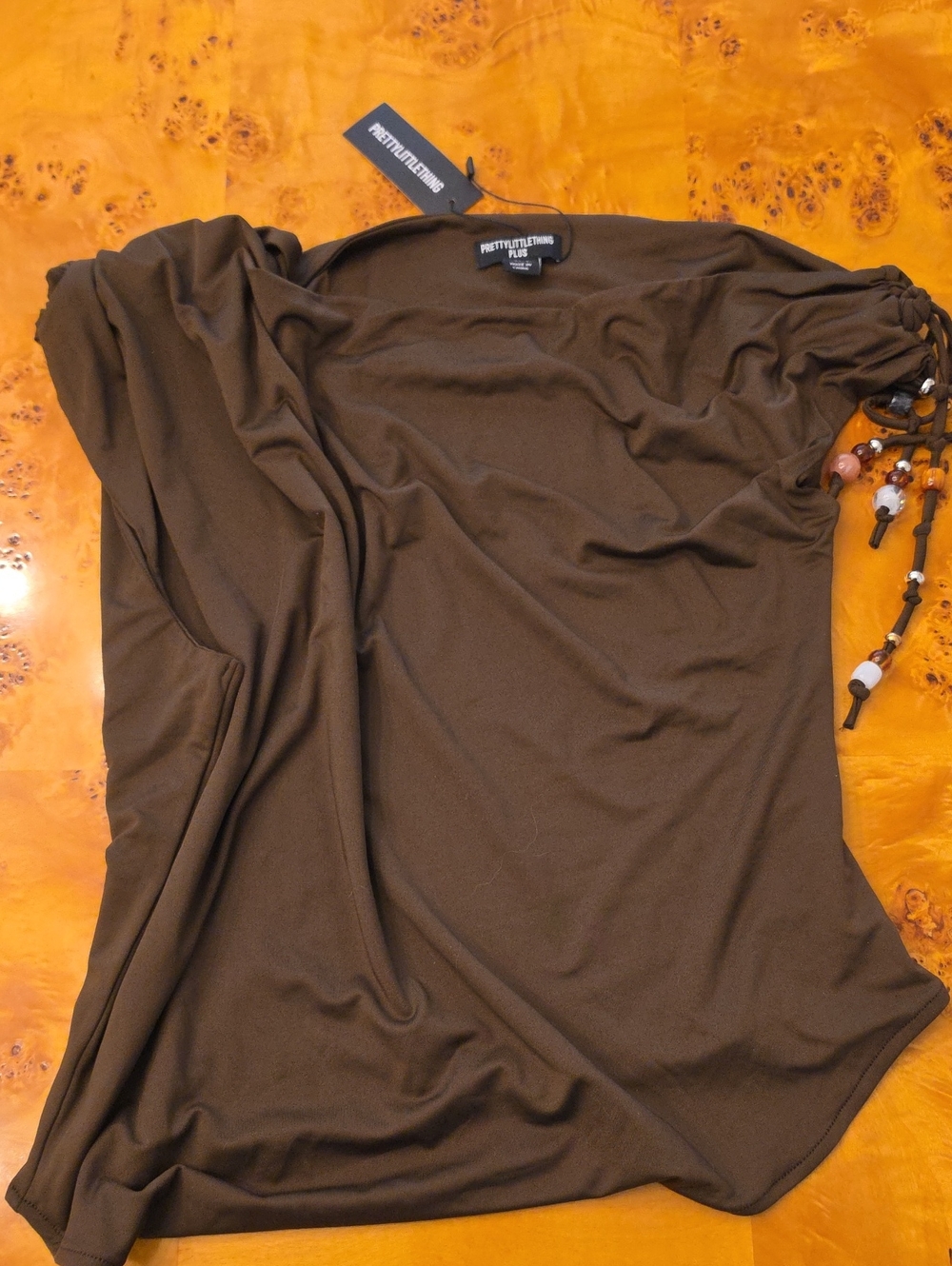 PrettyLittleThing Chocolate Brown Off-Shoulder Tunic with Beaded Tie